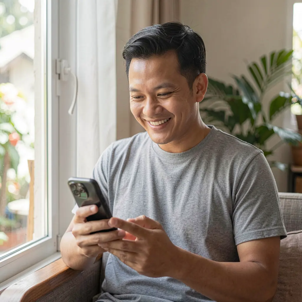 Confident Malaysian man enjoying the kaki slot mobile app with smooth gameplay and modern casino features on his smartphone