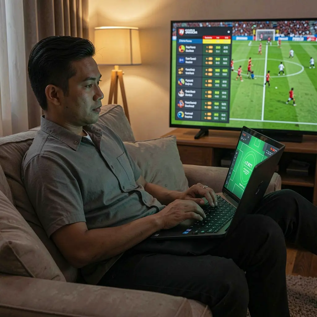 Focused Malaysian bettor reviewing live football odds on a laptop with Kaki Slot while watching a match on TV in a cozy home setting