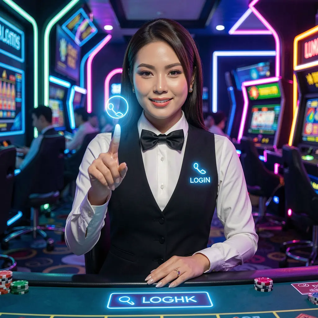 Fresh and modern Kaki Slot login scene with a professional casino dealer pointing at a digital login button in a neon lit environment