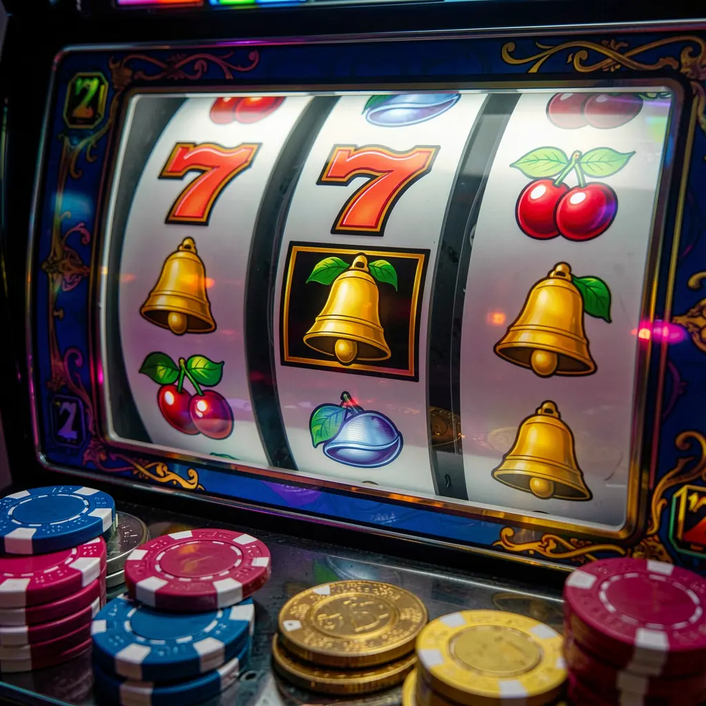 Classic casino slot machine with red sevens and glowing lights surrounded by gold coins representing the exciting winning atmosphere of Kaki Slot Malaysia